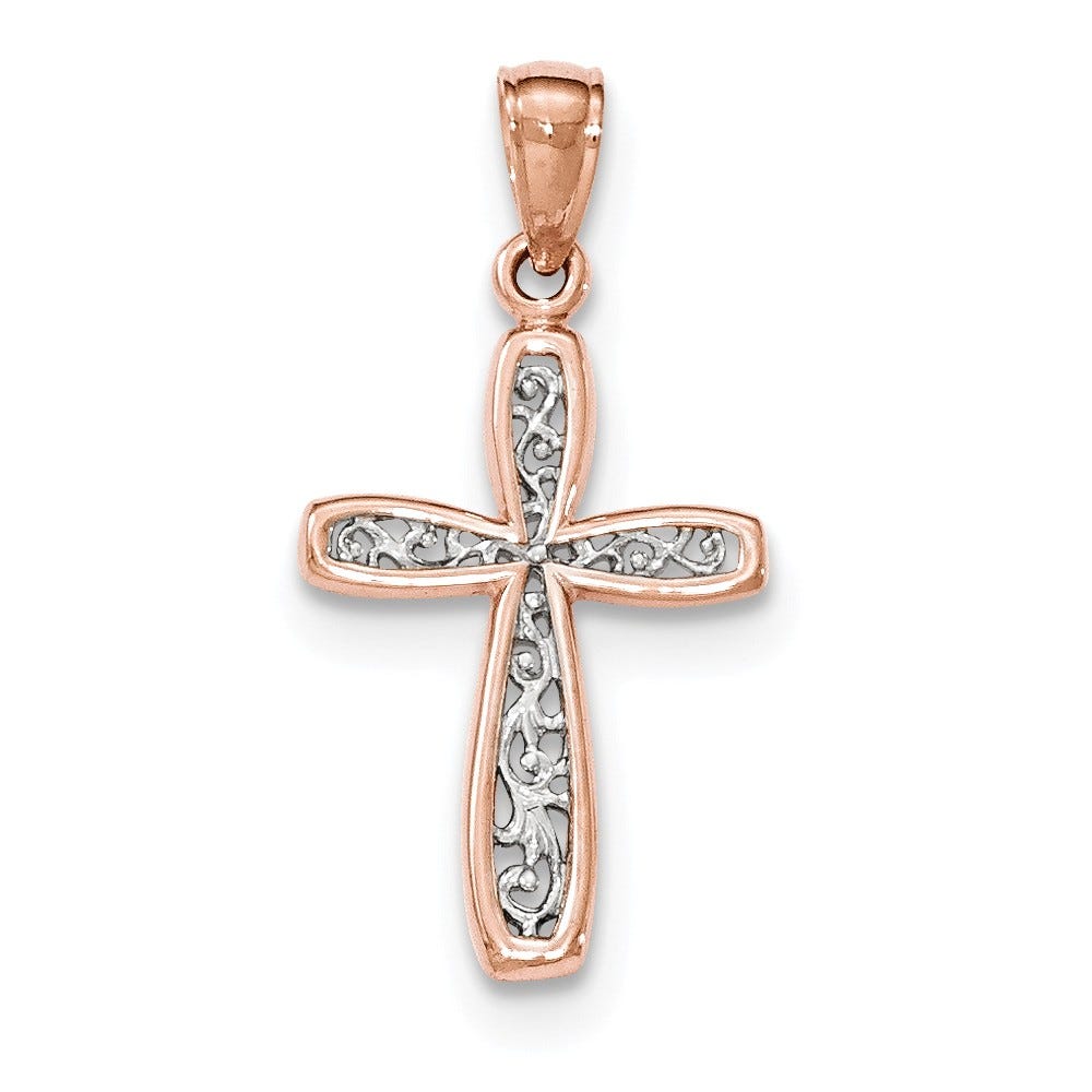 14K Rose Gold Cross Pendant With Rhodium