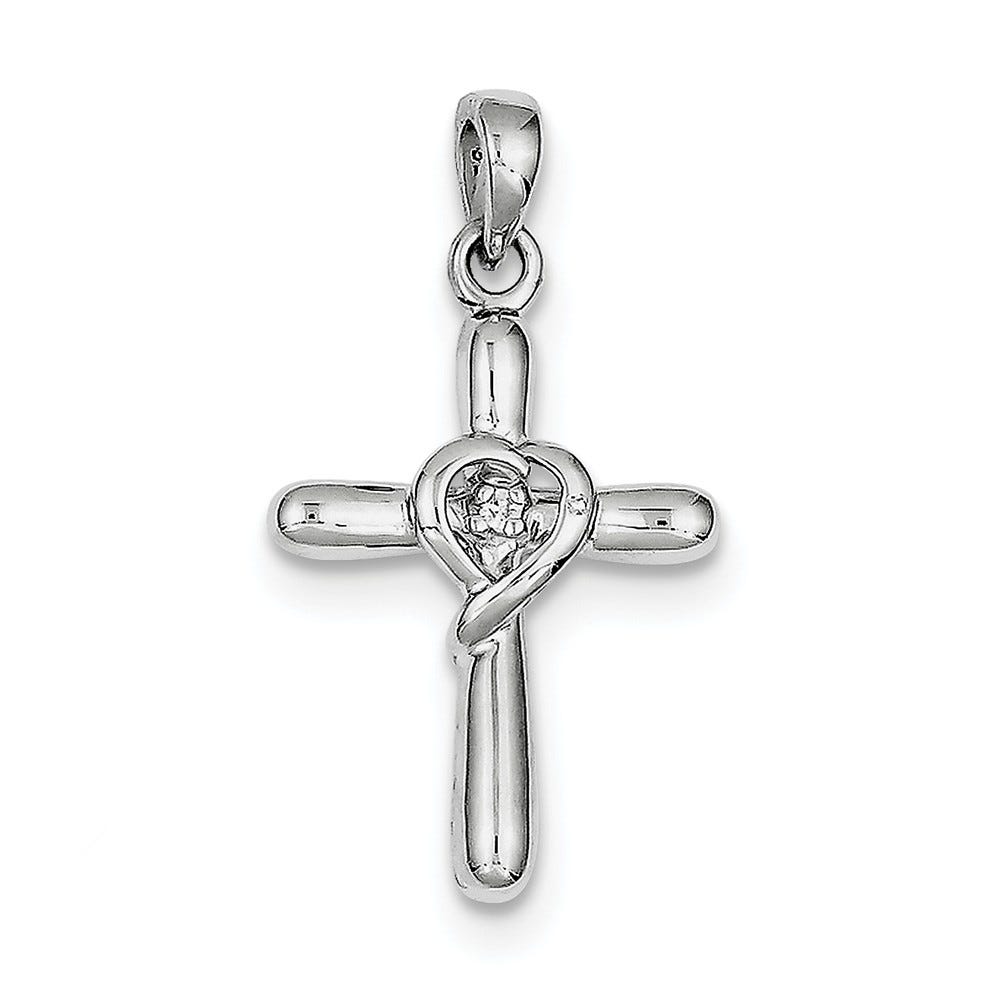 Sterling Silver Rhodium-Plated White Cz Heart Cross Pendant