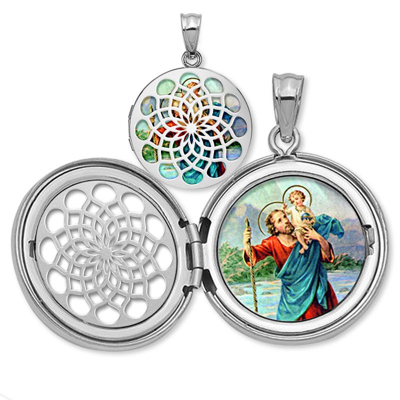 Saint Christopher Ornate Cut-Out Round Locket