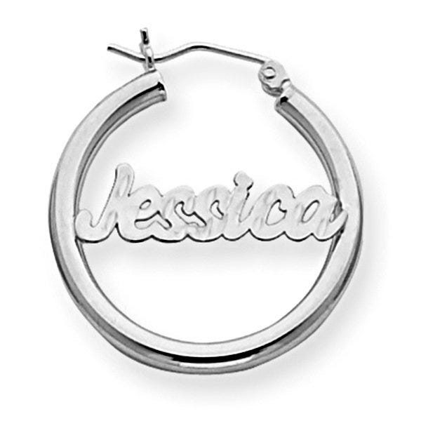 14K White Gold Polished and Diamond-Cut Name Script Quarter-Sized Hoop Earrings