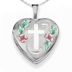 Enameled Cross & Flowers Heart Photo Locket