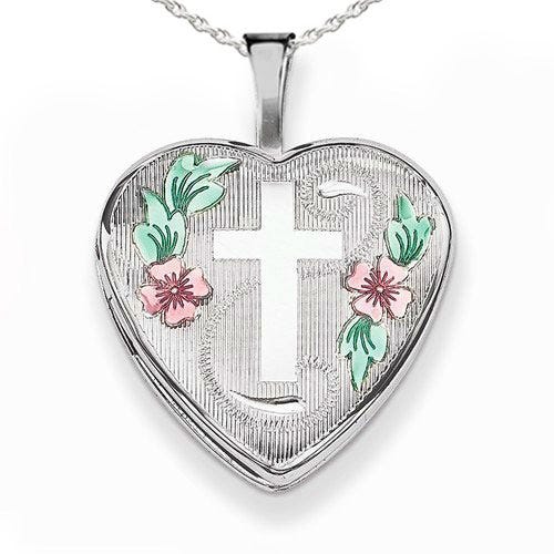 Enameled Cross & Flowers Heart Photo Locket