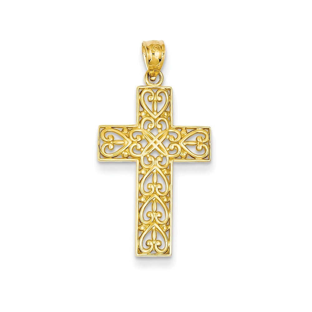 14K Yellow Gold Diamond Cut Filigree Cross Pendant