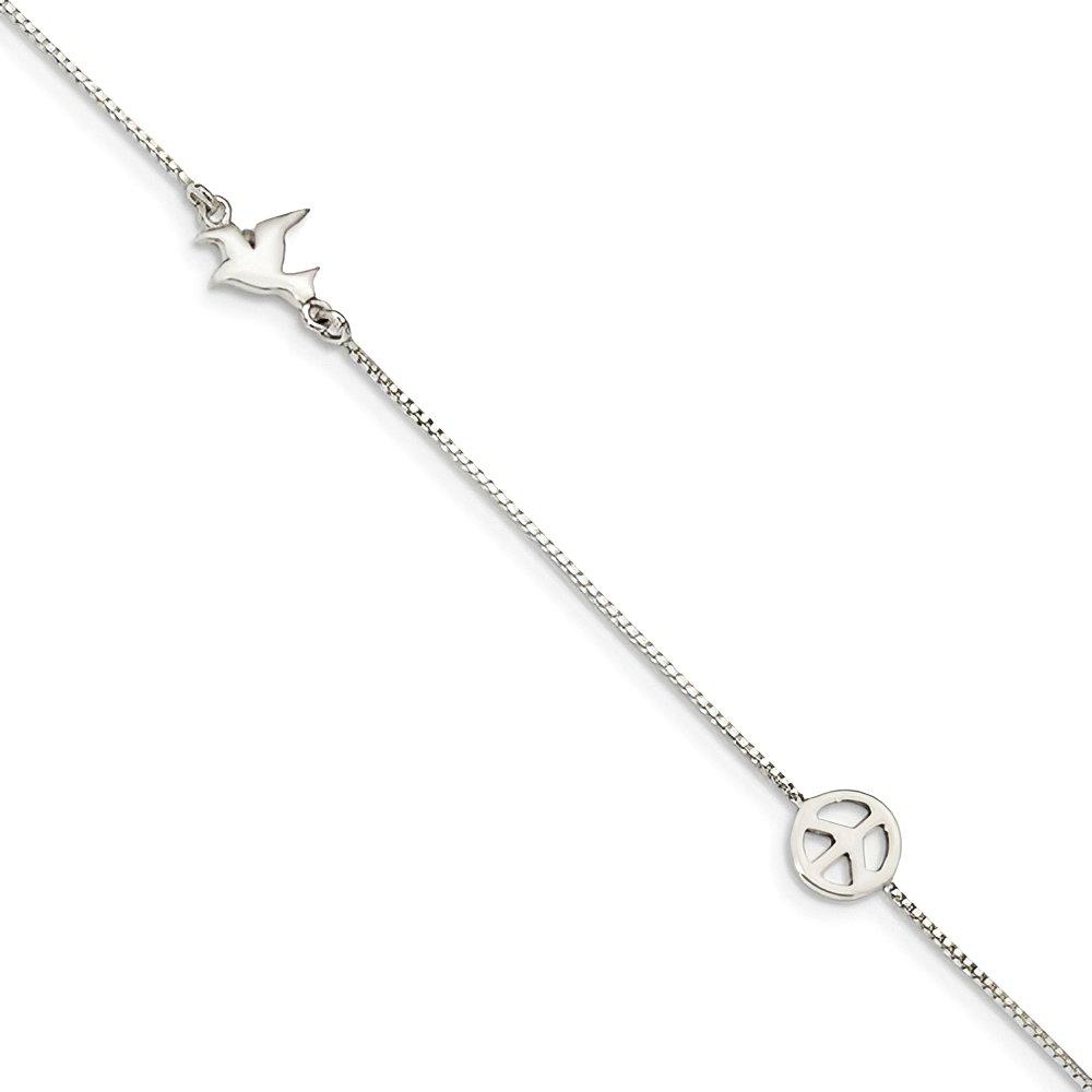 Sterling Silver Polished Dove & Peace Sign with 1In Ext. Anklet