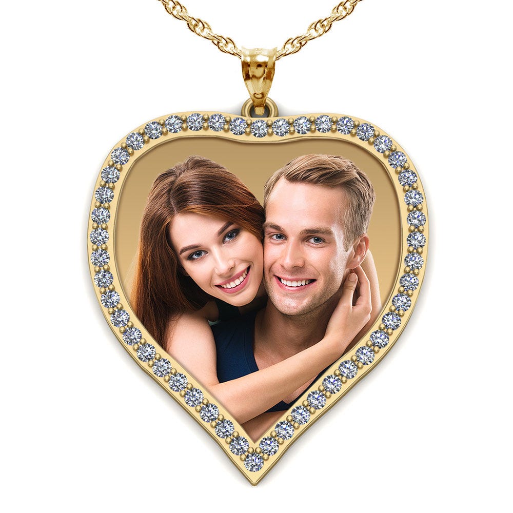 14K Yellow Large Diamond Heart Photo Pendant Picture Charm