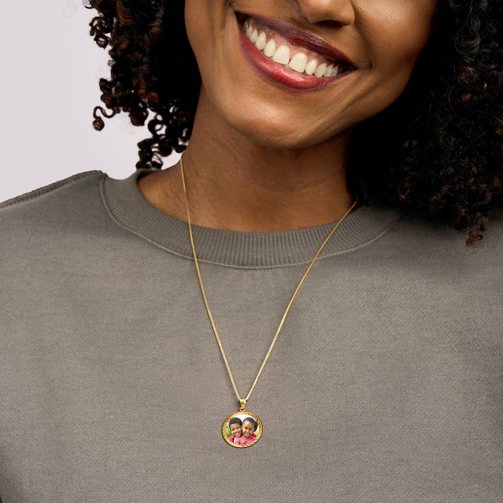 Petite Round Photo Engraved Charm with Bezel Frame