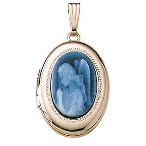 Solid 14K Yellow Gold Angel Cameo Oval Photo Locket