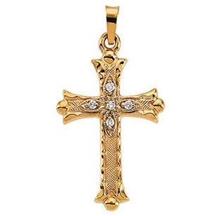 14K Yellow Gold Hollow Cross Pendant With Diamond Accents