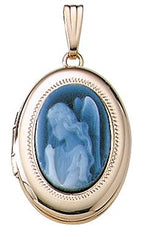 Solid 14K Yellow Gold Angel Cameo Oval Photo Locket