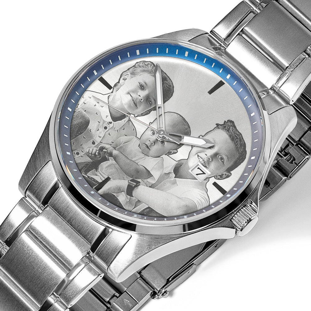 Men's Hologram Photo Stainless Watch Blue Dial