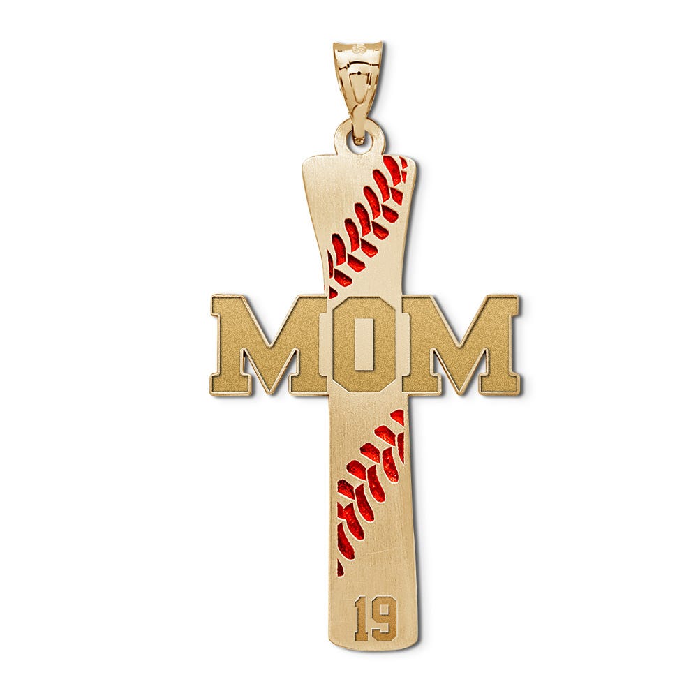 Baseball Stitch Enameled Mom Cross Pendant w/ Number