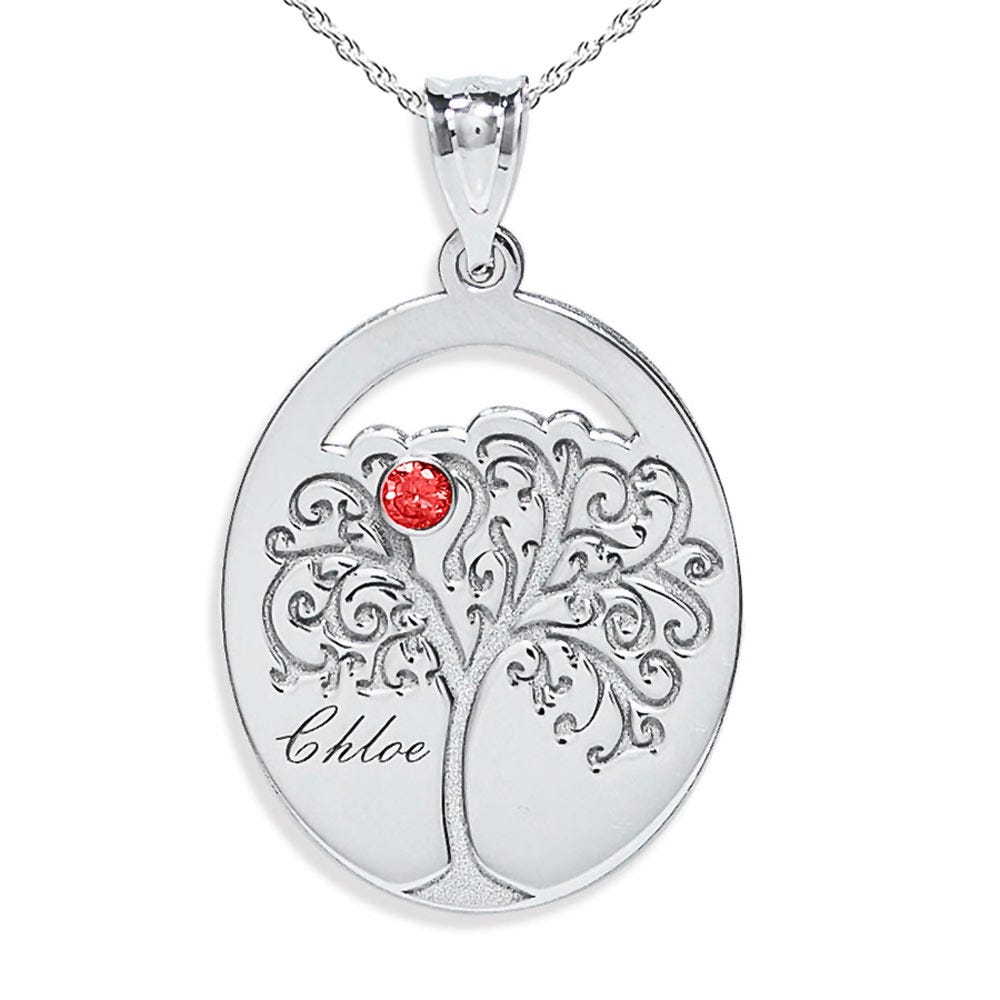 Personalized Family Tree Pendant with Name and Birthstone with 18 Inch Chain