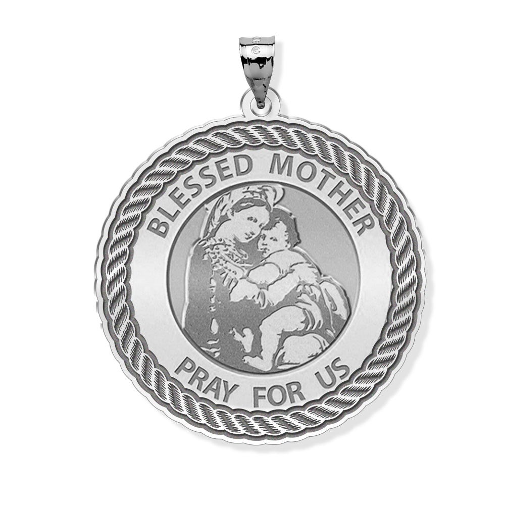 "Blessed Mother" Virgin Mary Round Rope Border Religious Medal