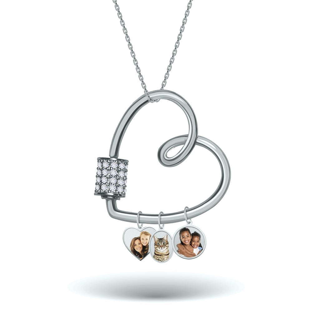 Carabiner Heart Pendant Necklace with CZ Barrel and Dangle Photo Charms / Chain Included