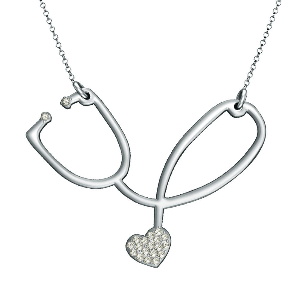Embossed Nurse Stethoscope Necklace with CZ's - Chain Included