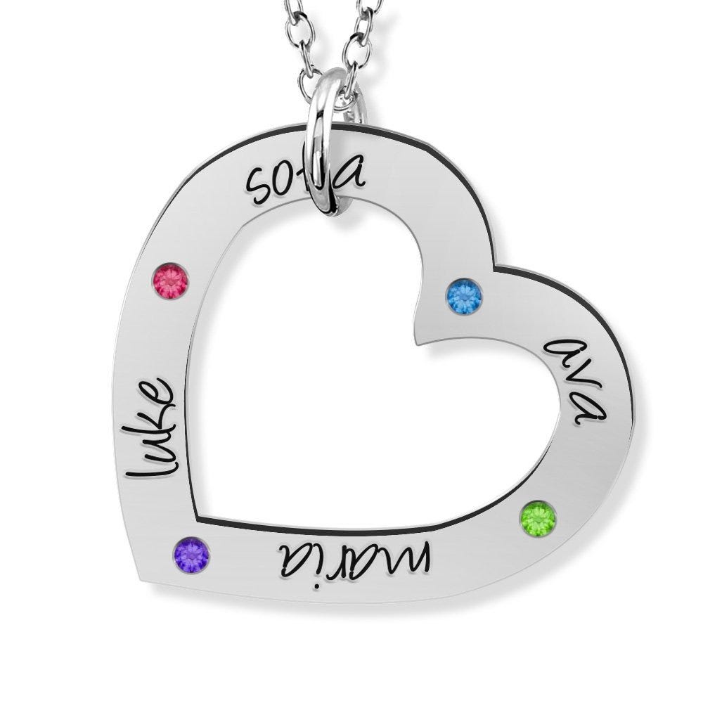 Personalized Heart Pendant with Up to 4 Birthstones & Names