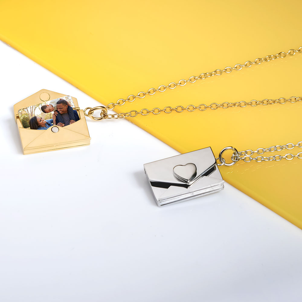 Stainless Steel Embossed Heart Envelope Photo Locket