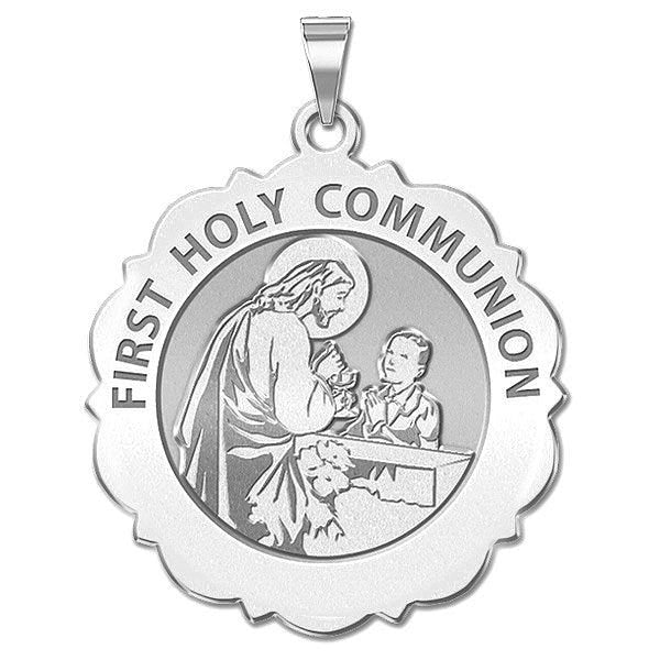 First Holy Communion Scalloped Round Religious Medal Boy