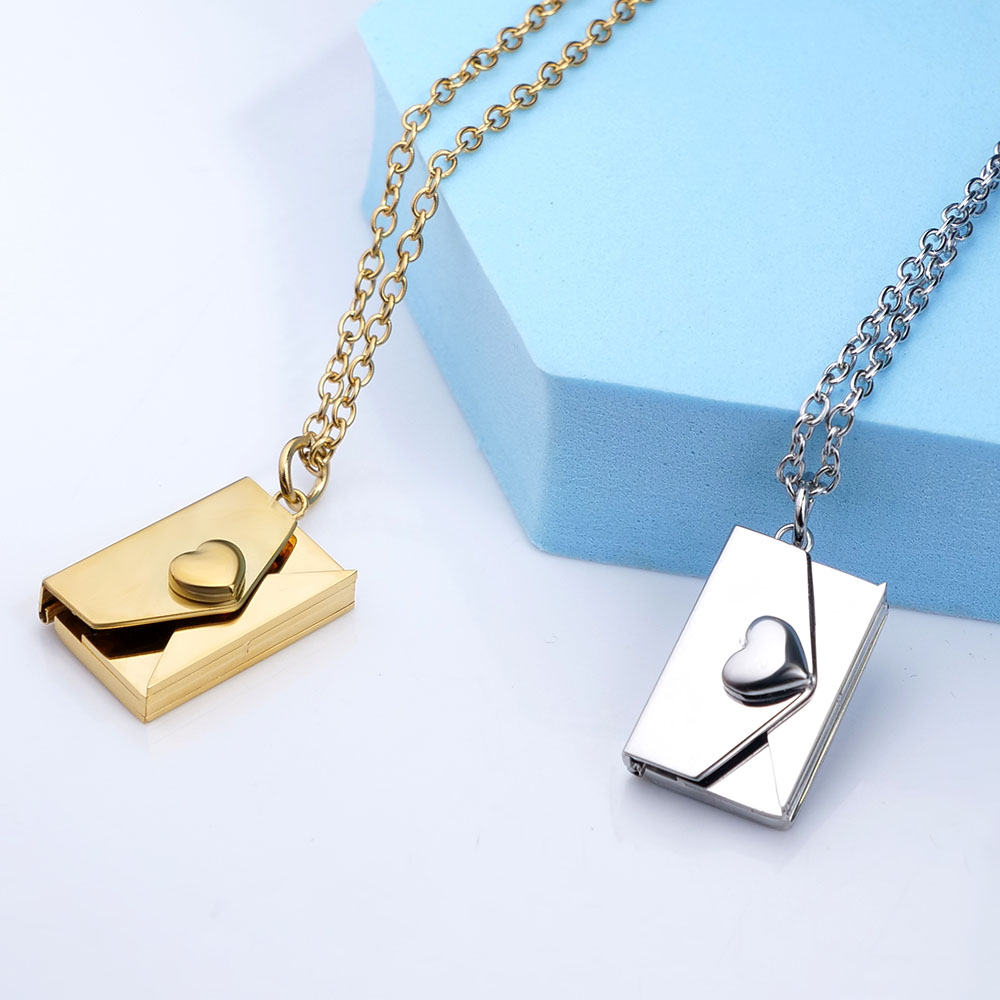 Stainless Steel Embossed Heart Envelope Photo Locket