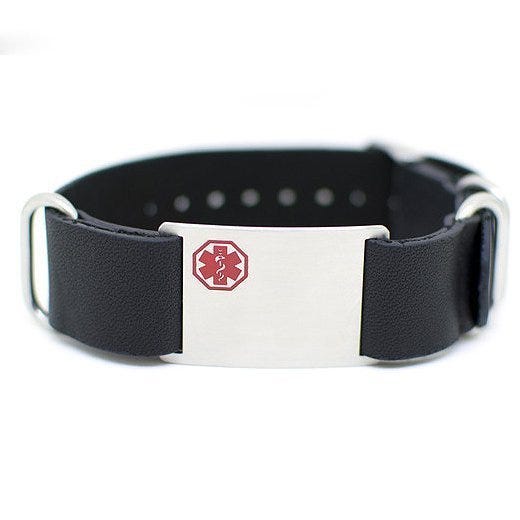 Stainless Steel Men's Black Leather Medical ID Bracelet