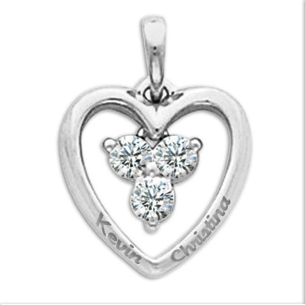 Personalized Sterling Silver Couple's Heart Pendant with Three CZ's
