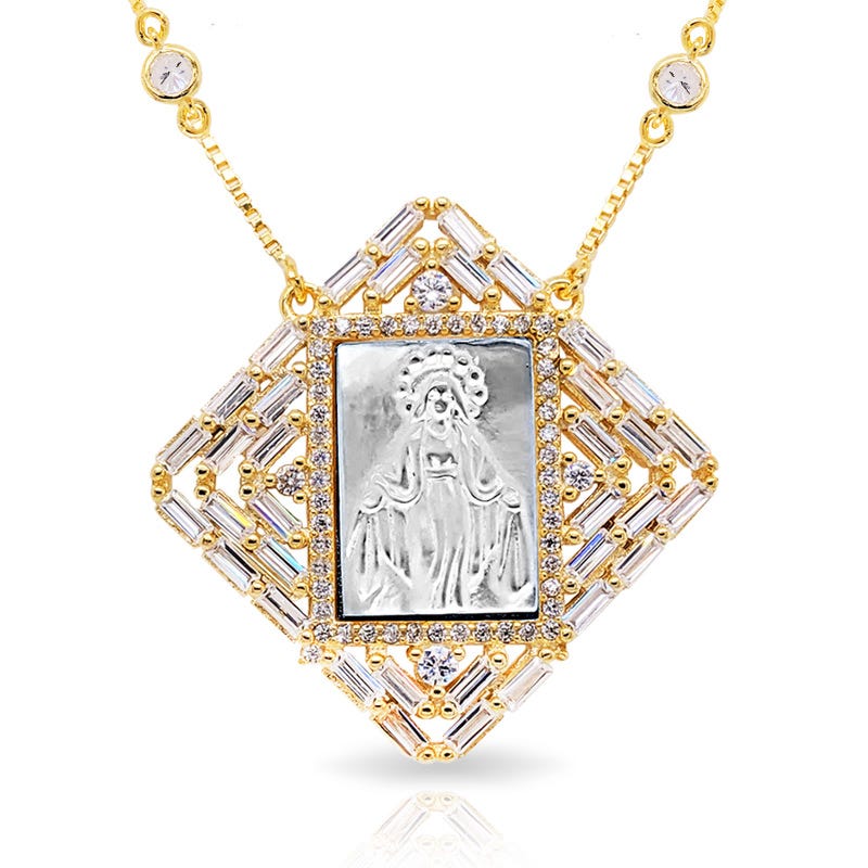 Mother Of Pearl Miraculous Square Medal With Cz Ornate Border