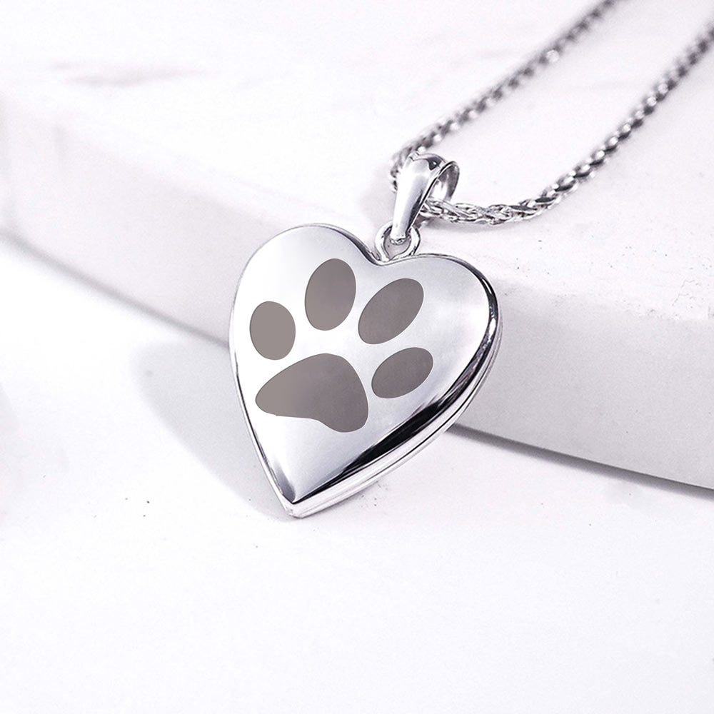 14K White Gold Dog Paw Print Heart Photo Locket