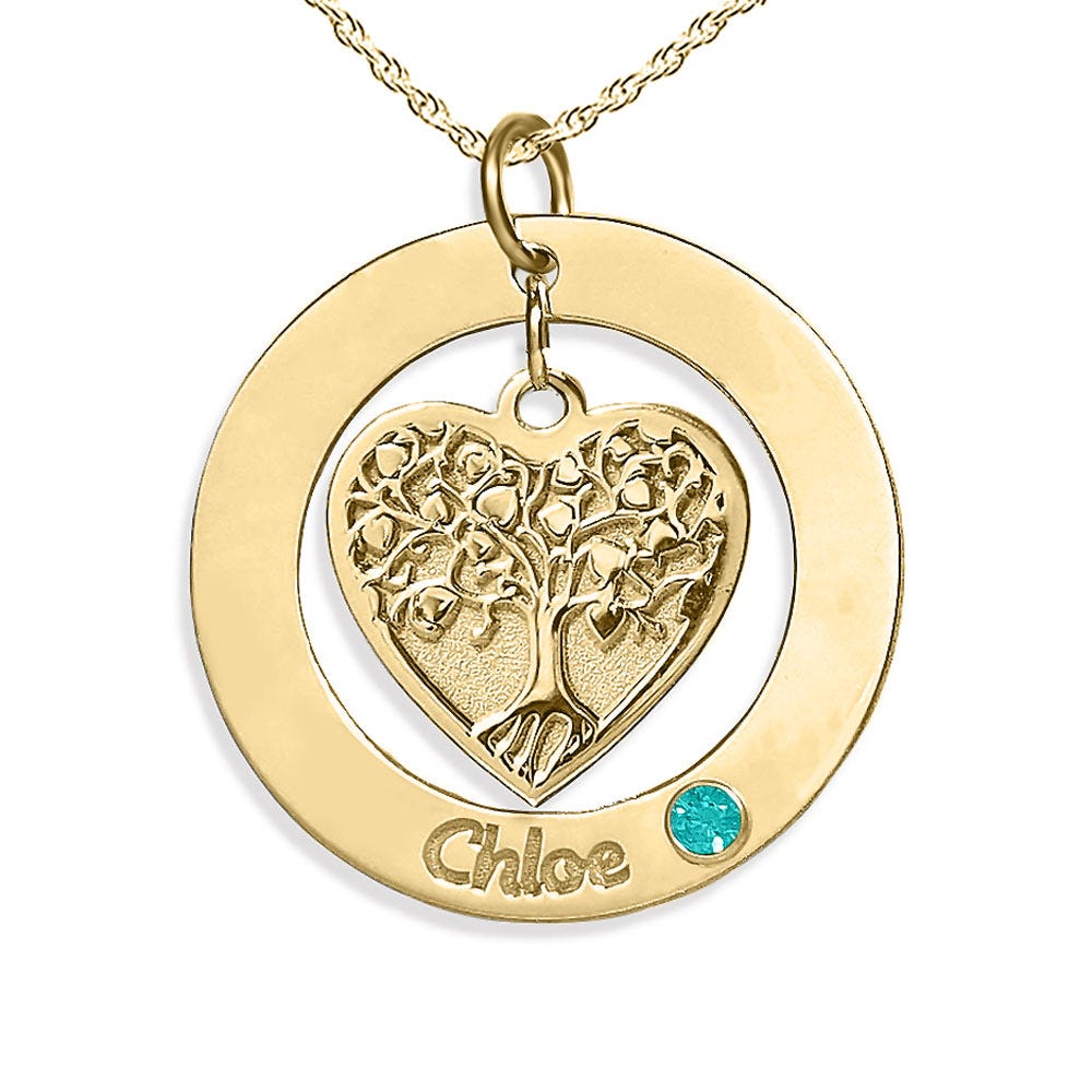 Personalized Heart Family Tree Pendant with Birthstone & Name- Includes 18 Inch Chain