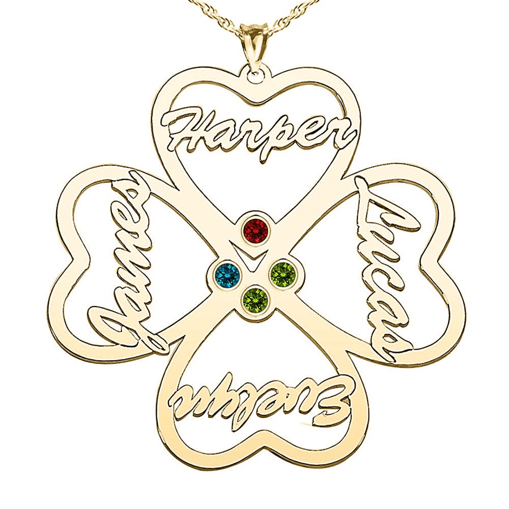 Personalized Heart Cut-Out with Pendant with Four Birthstones & Names- Includes 18 Inch Chain