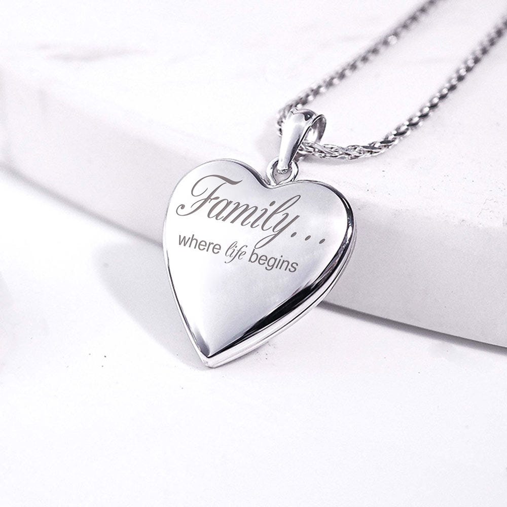 14K White Gold "Family Love" Heart Photo Locket