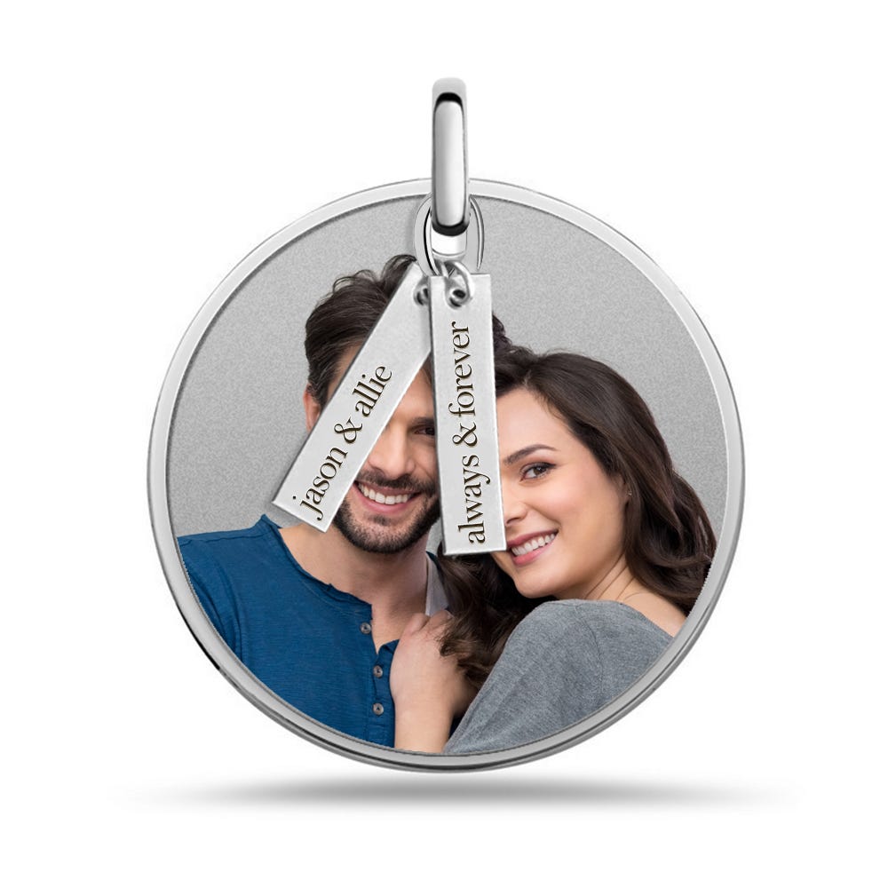 Round Photo Engraved Disc Pendant with Personalized Charms