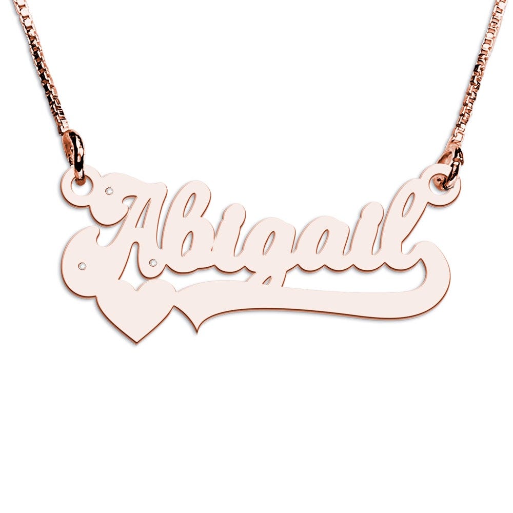 Modern Script Heart Name Necklace with 3 Cubic Zirconia