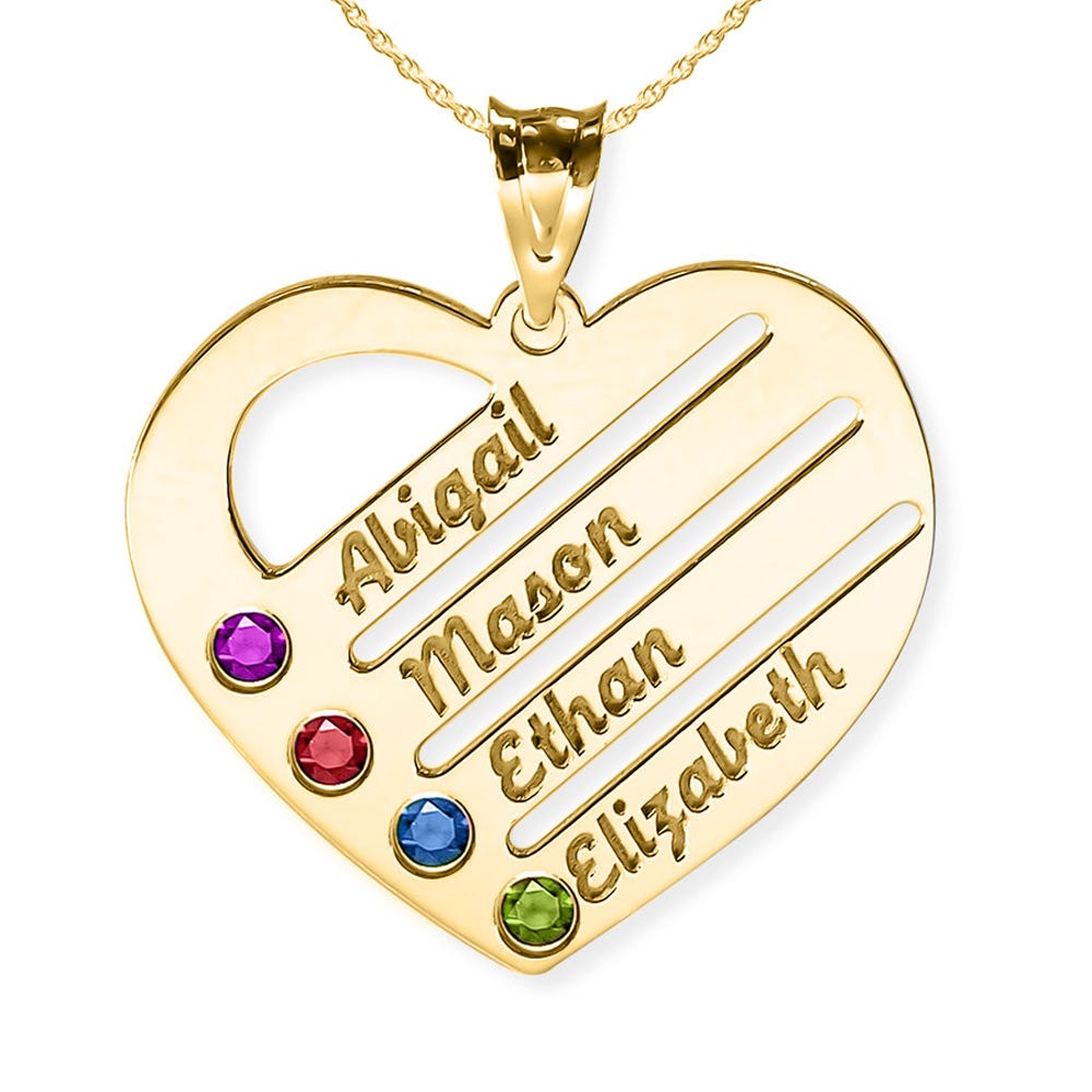 Personalized Heart Family Pendant with 4 Birthstones & Names