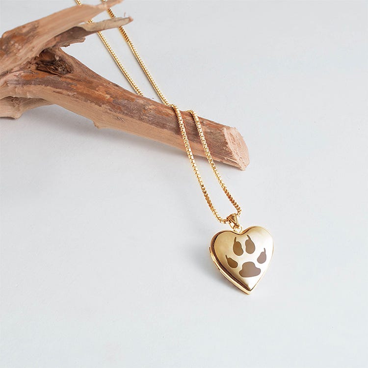 Solid 14K Yellow Gold Cat'S Paw Print Heart Photo Locket