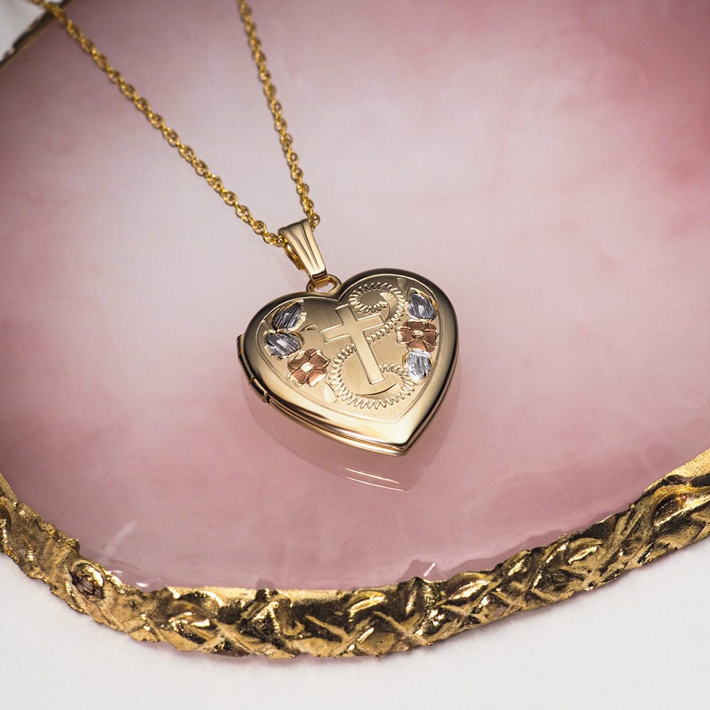 Solid 14K Yellow Gold Floral Heart Photo Locket
