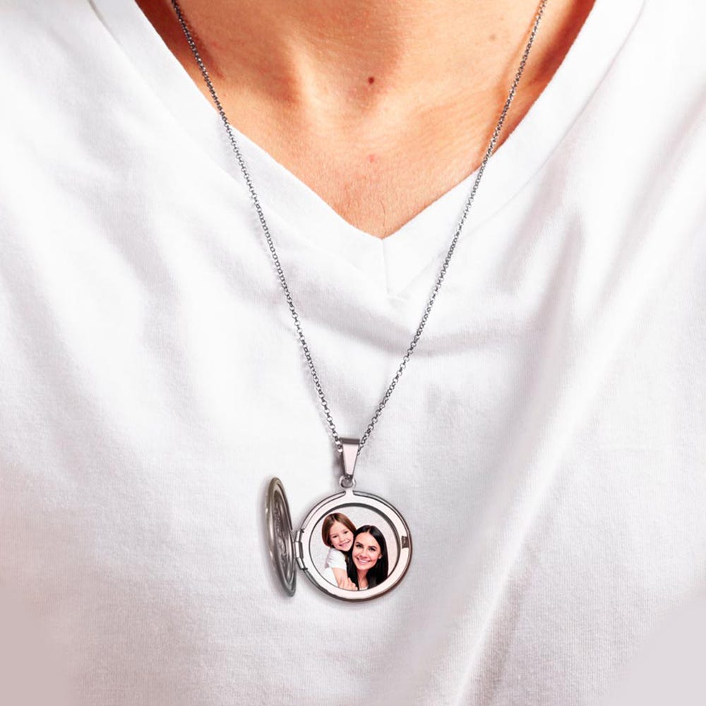 Round Floral Photo Locket With 18" Chain
