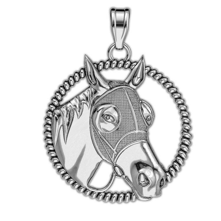 Racehorse with Blinder Mask On A Round Rope Frame Horse Jewelry Pendant or Charm