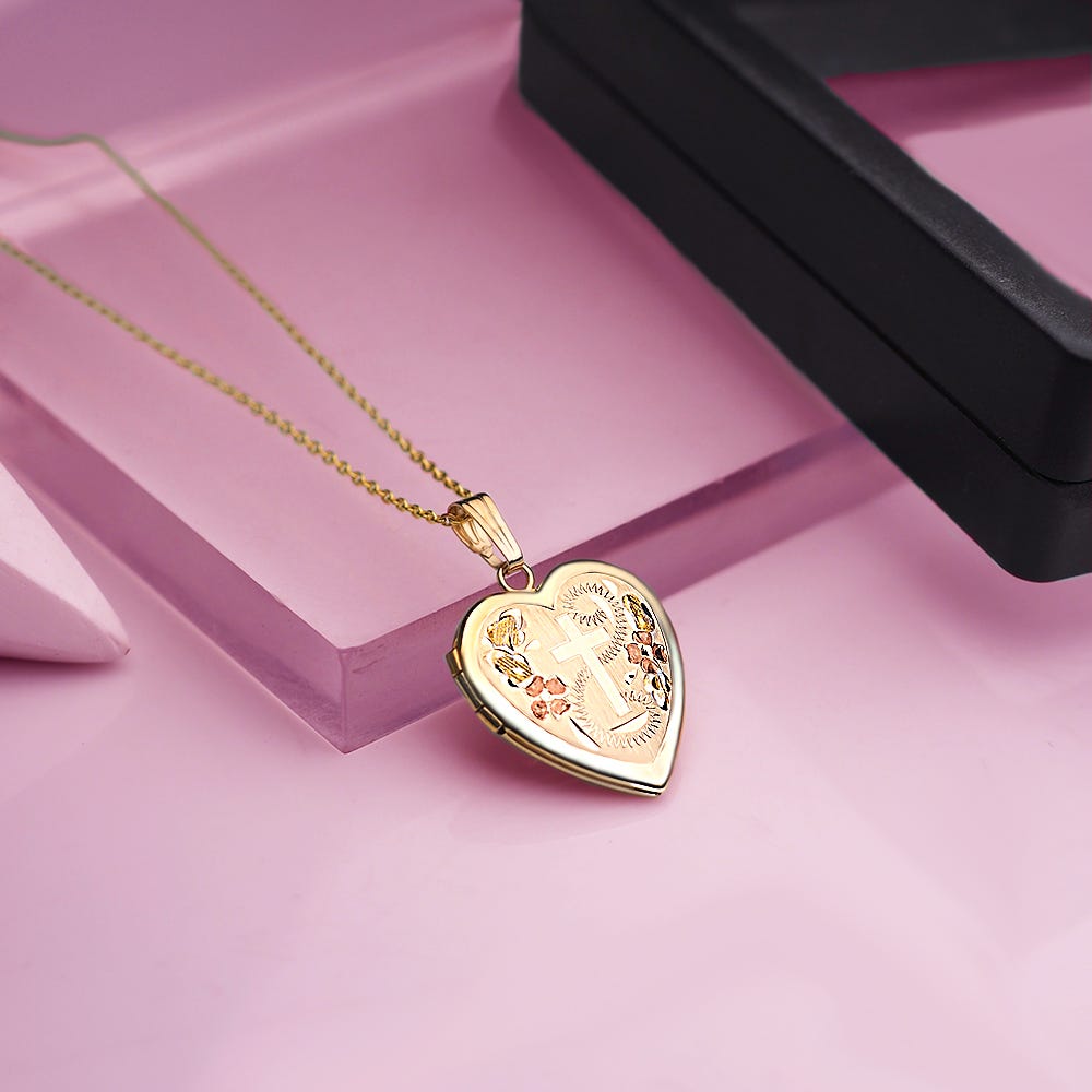 Solid 14K Yellow Gold Floral Heart Photo Locket