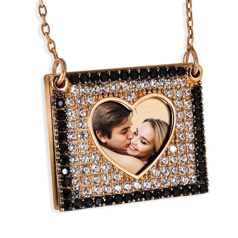 Photo Engraved Flip Up CZ Square Frame Necklace