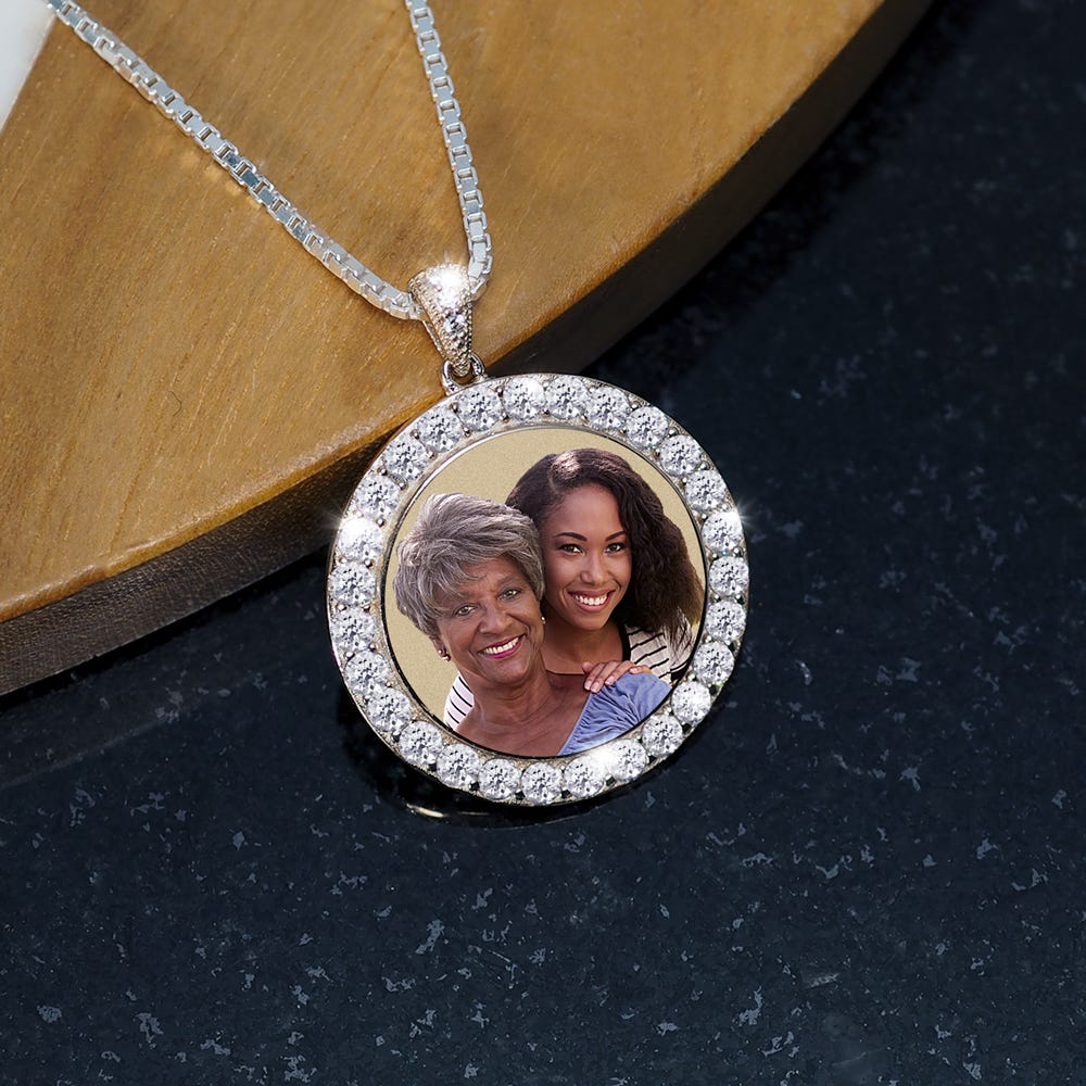 Silver and CZ Premium Round Photo Pendant