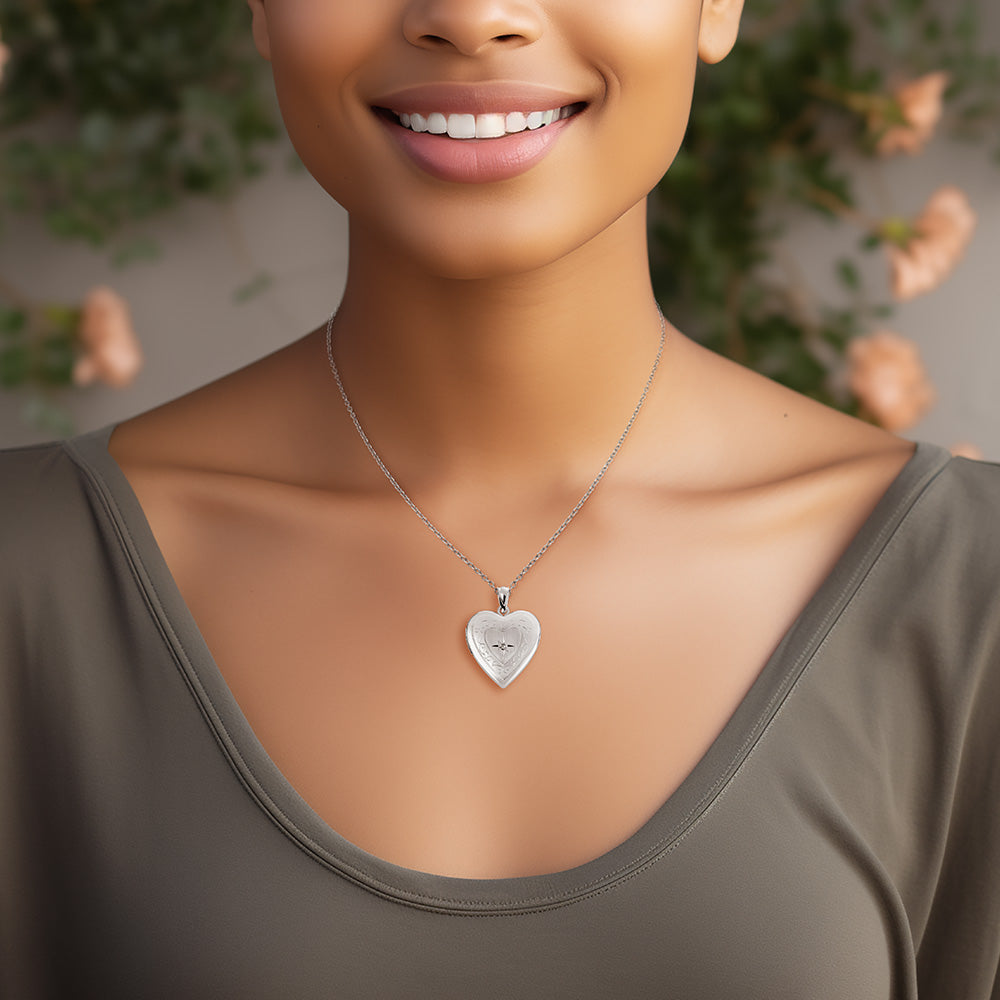 Floral Design Heart Locket With Cubic Zirconia