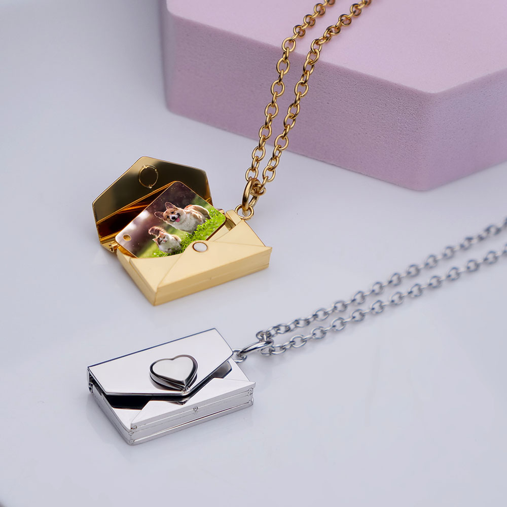 Stainless Steel Embossed Heart Envelope Photo Locket