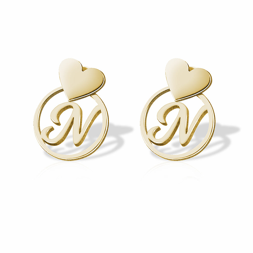 Heart With Dangle Round Initial Charm Earrings