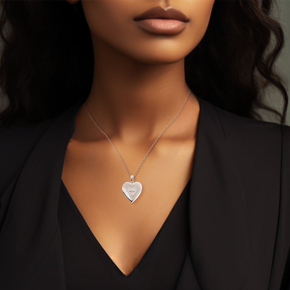 Floral Design Heart Locket With Cubic Zirconia