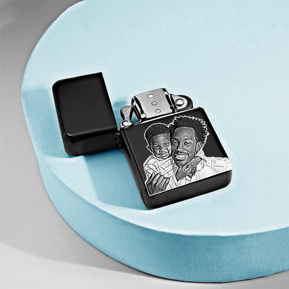Open matte black lighter with photo engraving — original Pictures on Gold lifestyle image