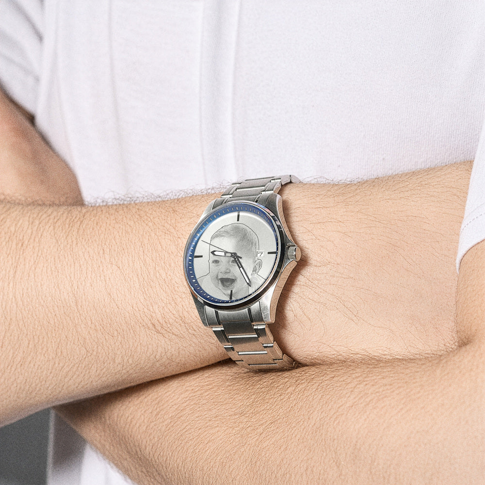 Men's Hologram Photo Stainless Watch Blue Dial