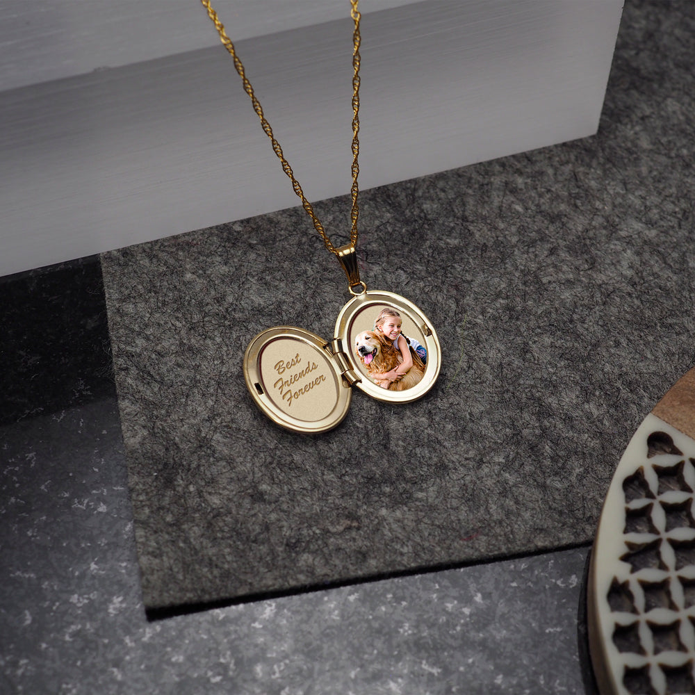Solid 14K Yellow Gold Petite Oval Photo Locket with Floral Border