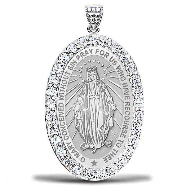 Miraculous Medal Double Sided Cz Oval Pendant