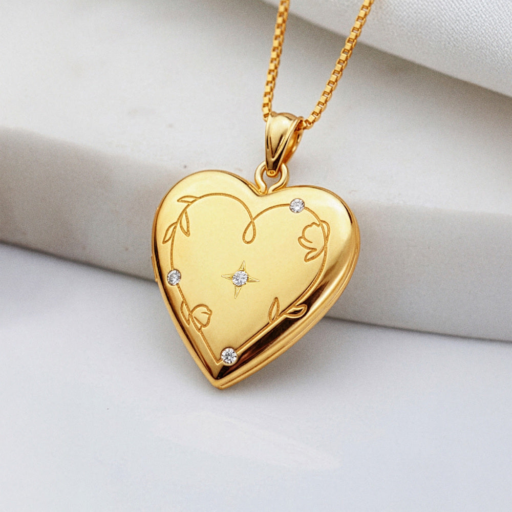 Floral Engraved Heart Locket with Starburst Diamond