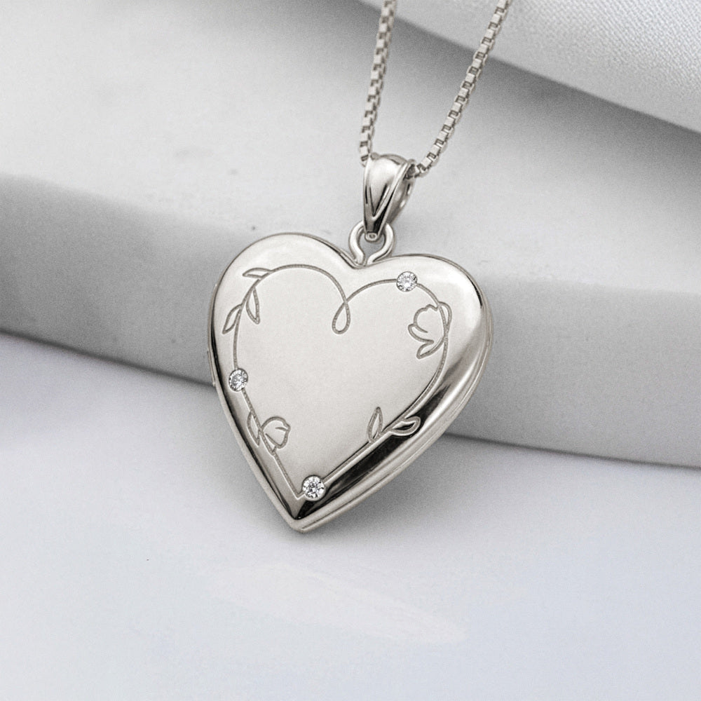 Floral Engraved Heart Locket with Diamond Accents